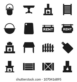 Flat vector icon set - washboard vector, camping cauldron, cutting board, wood box, fence, rent signboard, table, fireplace