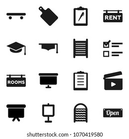 Flat vector icon set - washboard vector, cutting board, graduate hat, presentation, exam, skateboard, clipboard, cinema clap, rent signboard, rooms, open