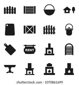 Flat vector icon set - washboard vector, camping cauldron, cutting board, wood box, chalet, fence, rent signboard, table, fireplace