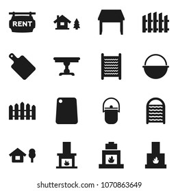 Flat vector icon set - washboard vector, camping cauldron, cutting board, chalet, fence, rent signboard, table, fireplace