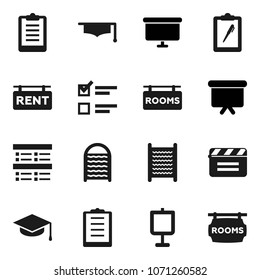 Flat vector icon set - washboard vector, graduate hat, presentation, exam, board, clipboard, cinema clap, rent signboard, rooms