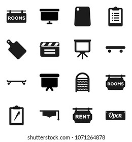 Flat vector icon set - washboard vector, cutting board, graduate hat, presentation, clipboard, skateboard, cinema clap, rent signboard, rooms, open