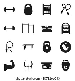 Flat vector icon set - washboard vector, barbell, weight, jump rope, horizontal bar, muscule hand, buttocks, pregnancy, store scales, epilator