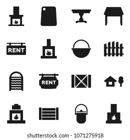 Flat vector icon set - washboard vector, camping cauldron, cutting board, wood box, chalet, fence, rent signboard, table, fireplace