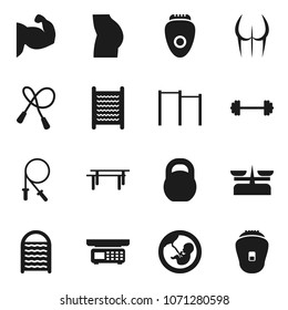 Flat vector icon set - washboard vector, barbell, weight, jump rope, horizontal bar, muscule hand, buttocks, pregnancy, store scales, epilator