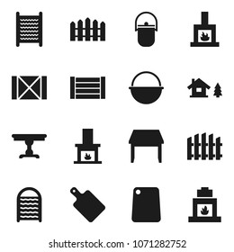 Flat vector icon set - washboard vector, camping cauldron, cutting board, wood box, chalet, fence, table, fireplace