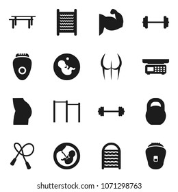 Flat vector icon set - washboard vector, barbell, weight, jump rope, horizontal bar, muscule hand, buttocks, pregnancy, store scales, epilator