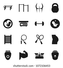 Flat vector icon set - washboard vector, barbell, weight, jump rope, horizontal bar, muscule hand, buttocks, pregnancy, store scales, epilator