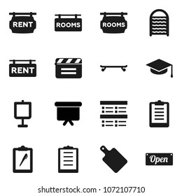 Flat vector icon set - washboard vector, cutting board, graduate hat, presentation, exam, clipboard, skateboard, cinema clap, rent signboard, rooms, open