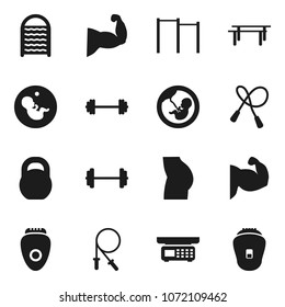 Flat vector icon set - washboard vector, barbell, weight, jump rope, horizontal bar, muscule hand, buttocks, pregnancy, store scales, epilator