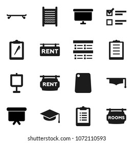 Flat vector icon set - washboard vector, cutting board, graduate hat, presentation, exam, clipboard, skateboard, rent signboard, rooms