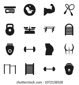 Flat vector icon set - washboard vector, barbell, weight, jump rope, horizontal bar, muscule hand, buttocks, pregnancy, store scales, epilator