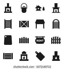 Flat vector icon set - washboard vector, camping cauldron, cutting board, wood box, chalet, fence, rent signboard, table, fireplace