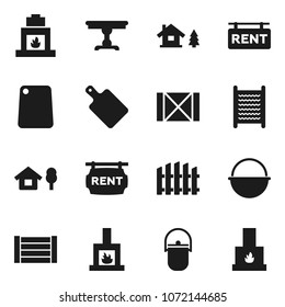 Flat vector icon set - washboard vector, camping cauldron, cutting board, wood box, chalet, fence, rent signboard, table, fireplace