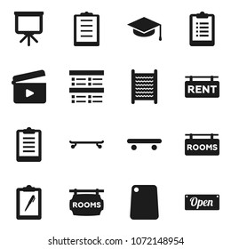 Flat vector icon set - washboard vector, cutting board, graduate hat, presentation, exam, clipboard, skateboard, cinema clap, rent signboard, rooms, open