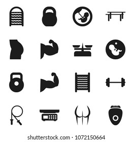 Flat vector icon set - washboard vector, barbell, weight, jump rope, horizontal bar, muscule hand, buttocks, pregnancy, store scales, epilator