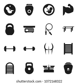 Flat vector icon set - washboard vector, barbell, weight, jump rope, horizontal bar, muscule hand, buttocks, pregnancy, store scales, epilator