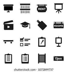 Flat vector icon set - washboard vector, cutting board, graduate hat, presentation, exam, clipboard, skateboard, cinema clap, rent signboard, rooms, open