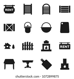 Flat vector icon set - washboard vector, camping cauldron, cutting board, wood box, chalet, fence, rent signboard, table, fireplace