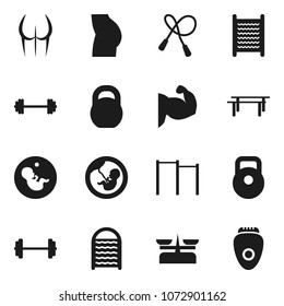 Flat vector icon set - washboard vector, barbell, weight, jump rope, horizontal bar, muscule hand, buttocks, pregnancy, store scales, epilator