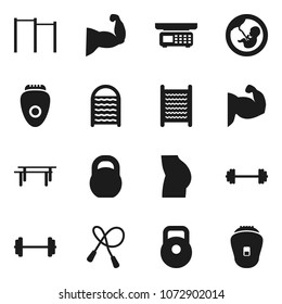 Flat vector icon set - washboard vector, barbell, weight, jump rope, horizontal bar, muscule hand, buttocks, pregnancy, store scales, epilator