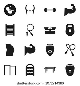 Flat vector icon set - washboard vector, barbell, weight, jump rope, horizontal bar, muscule hand, buttocks, pregnancy, store scales, epilator