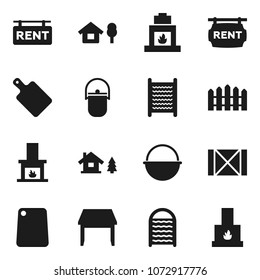 Flat vector icon set - washboard vector, camping cauldron, cutting board, wood box, chalet, fence, rent signboard, table, fireplace