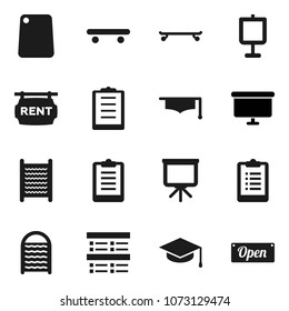 Flat vector icon set - washboard vector, cutting board, graduate hat, presentation, exam, clipboard, skateboard, rent signboard, open