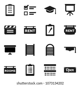 Flat vector icon set - washboard vector, graduate hat, presentation, exam, board, clipboard, cinema clap, rent signboard, rooms, open