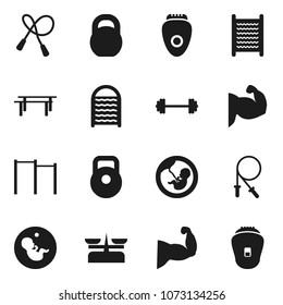 Flat vector icon set - washboard vector, barbell, weight, jump rope, horizontal bar, muscule hand, pregnancy, store scales, epilator