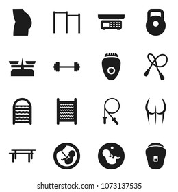 Flat vector icon set - washboard vector, barbell, weight, jump rope, horizontal bar, buttocks, pregnancy, store scales, epilator