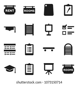 Flat vector icon set - washboard vector, cutting board, graduate hat, presentation, exam, clipboard, skateboard, rent signboard, rooms
