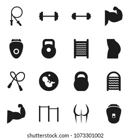 Flat vector icon set - washboard vector, barbell, weight, jump rope, horizontal bar, muscule hand, buttocks, pregnancy, epilator