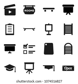 Flat vector icon set - washboard vector, cutting board, graduate hat, presentation, exam, skateboard, clipboard, cinema clap, rooms signboard, open