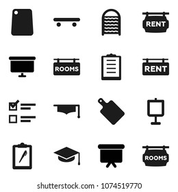 Flat vector icon set - washboard vector, cutting board, graduate hat, presentation, exam, skateboard, clipboard, rent signboard, rooms
