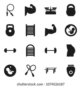 Flat vector icon set - washboard vector, barbell, weight, jump rope, horizontal bar, muscule hand, buttocks, pregnancy, store scales, epilator