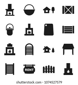 Flat vector icon set - washboard vector, camping cauldron, cutting board, wood box, chalet, fence, rent signboard, table, fireplace