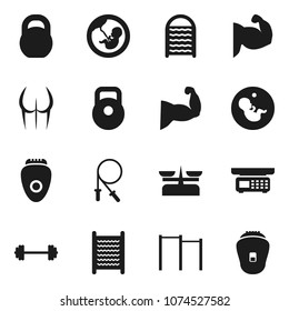 Flat vector icon set - washboard vector, barbell, weight, jump rope, horizontal bar, muscule hand, buttocks, pregnancy, store scales, epilator