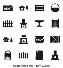 Flat vector icon set - washboard vector, camping cauldron, cutting board, wood box, chalet, fence, rent signboard, table, fireplace