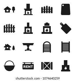 Flat vector icon set - washboard vector, camping cauldron, cutting board, wood box, chalet, fence, rent signboard, table, fireplace