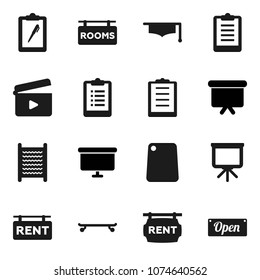 Flat vector icon set - washboard vector, cutting board, graduate hat, presentation, clipboard, skateboard, cinema clap, rent signboard, rooms, open