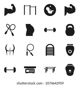 Flat vector icon set - washboard vector, barbell, weight, jump rope, horizontal bar, muscule hand, buttocks, pregnancy, store scales, epilator