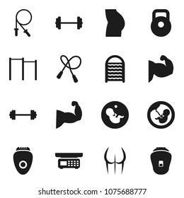 Flat vector icon set - washboard vector, barbell, weight, jump rope, horizontal bar, muscule hand, buttocks, pregnancy, store scales, epilator