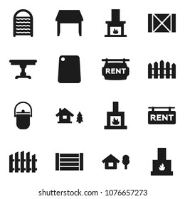 Flat vector icon set - washboard vector, camping cauldron, cutting board, wood box, chalet, fence, rent signboard, table, fireplace