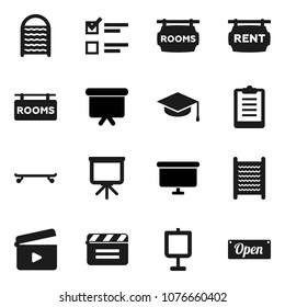 Flat vector icon set - washboard vector, graduate hat, presentation, exam, board, clipboard, skateboard, cinema clap, rent signboard, rooms, open