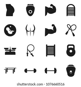 Flat vector icon set - washboard vector, barbell, weight, jump rope, horizontal bar, muscule hand, buttocks, pregnancy, store scales, epilator