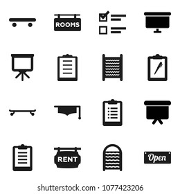 Flat vector icon set - washboard vector, graduate hat, presentation, exam, board, clipboard, skateboard, rent signboard, rooms, open