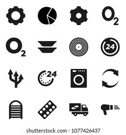 Flat vector icon set - washboard vector, plates, pie graph, oxygen, disk, pills blister, gear, refresh, route arrow, relocation truck, 24 hour, washer, hair dryer