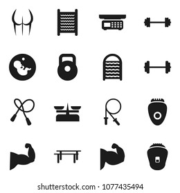 Flat vector icon set - washboard vector, barbell, weight, jump rope, horizontal bar, muscule hand, buttocks, pregnancy, store scales, epilator