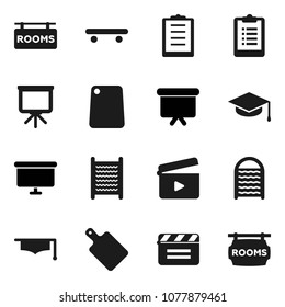 Flat vector icon set - washboard vector, cutting board, graduate hat, presentation, clipboard, skateboard, cinema clap, rooms signboard